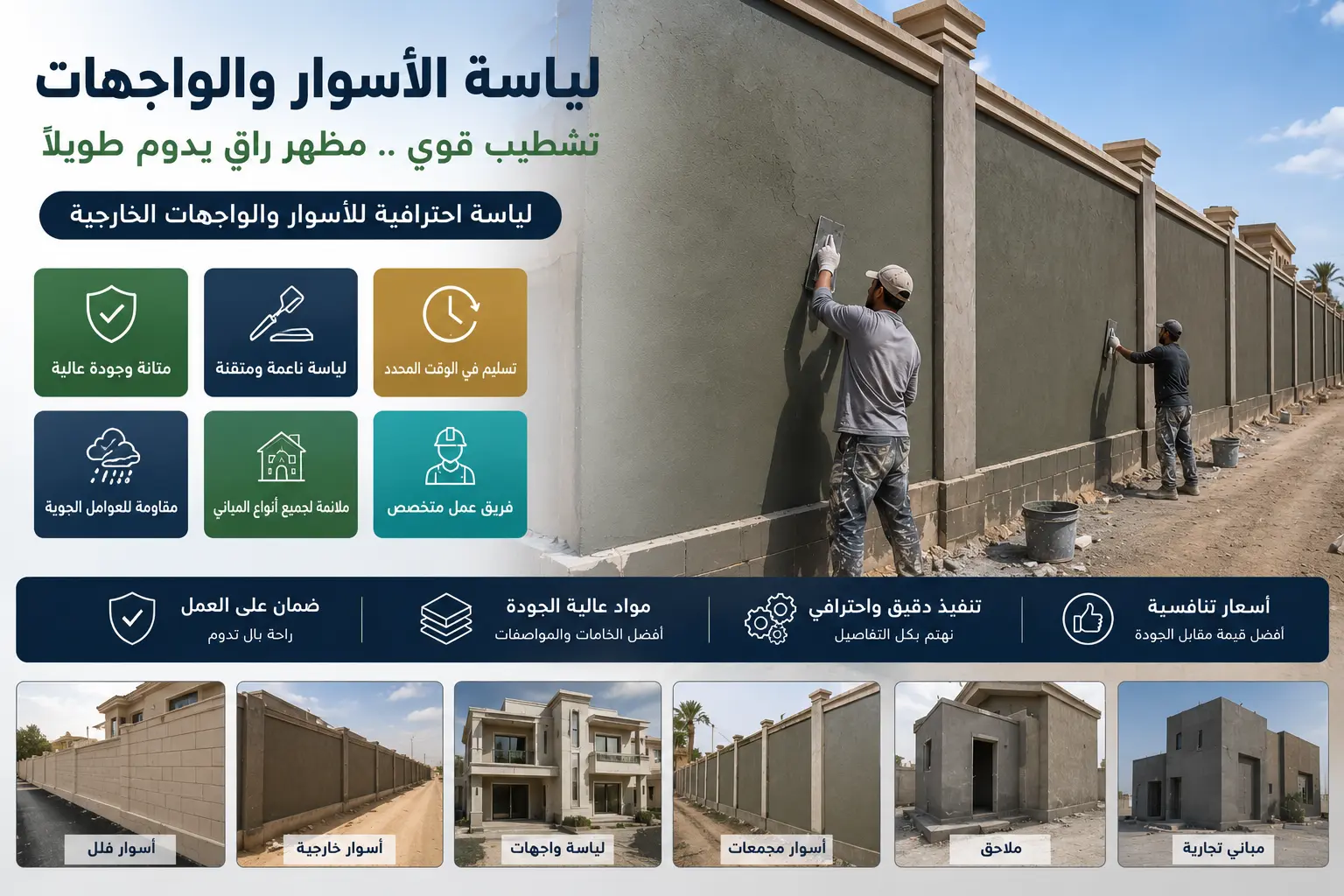 تنفيذ لياسة سور خارجي طويل في الرياض مع تشطيب احترافي للأسوار والواجهات باستخدام أدوات اللياسة المتخصصة
