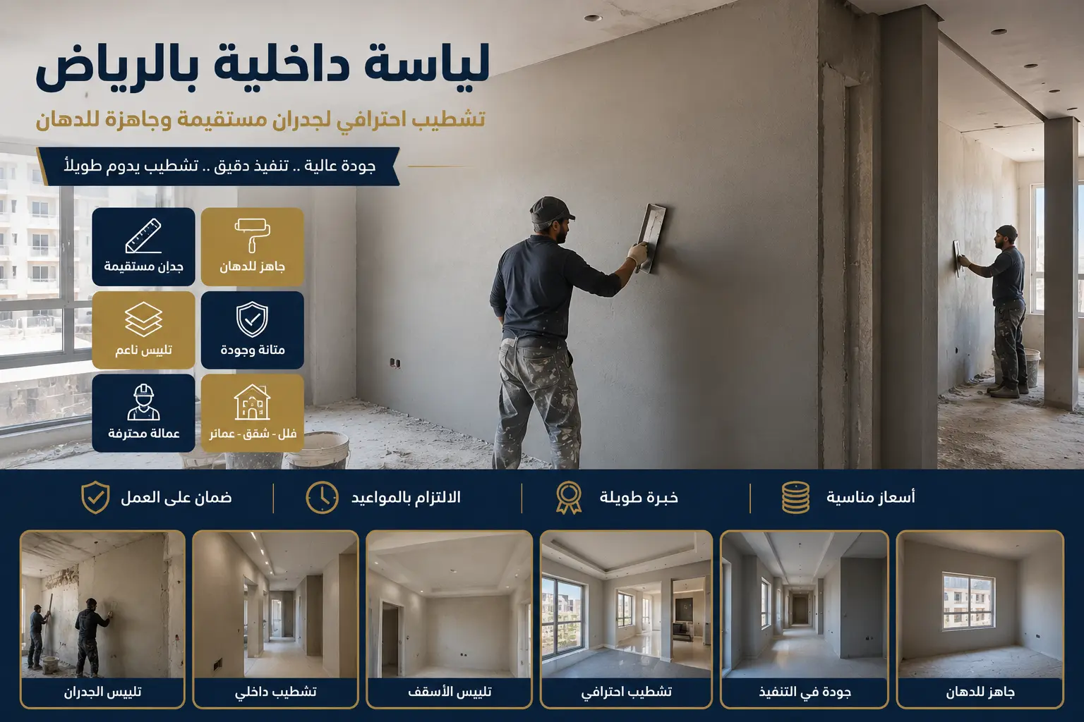 عامل لياسة يقوم بتنعيم جدار داخلي داخل شقة تحت التشطيب في الرياض مع تجهيز الجدران للدهانات والتشطيبات النهائية.