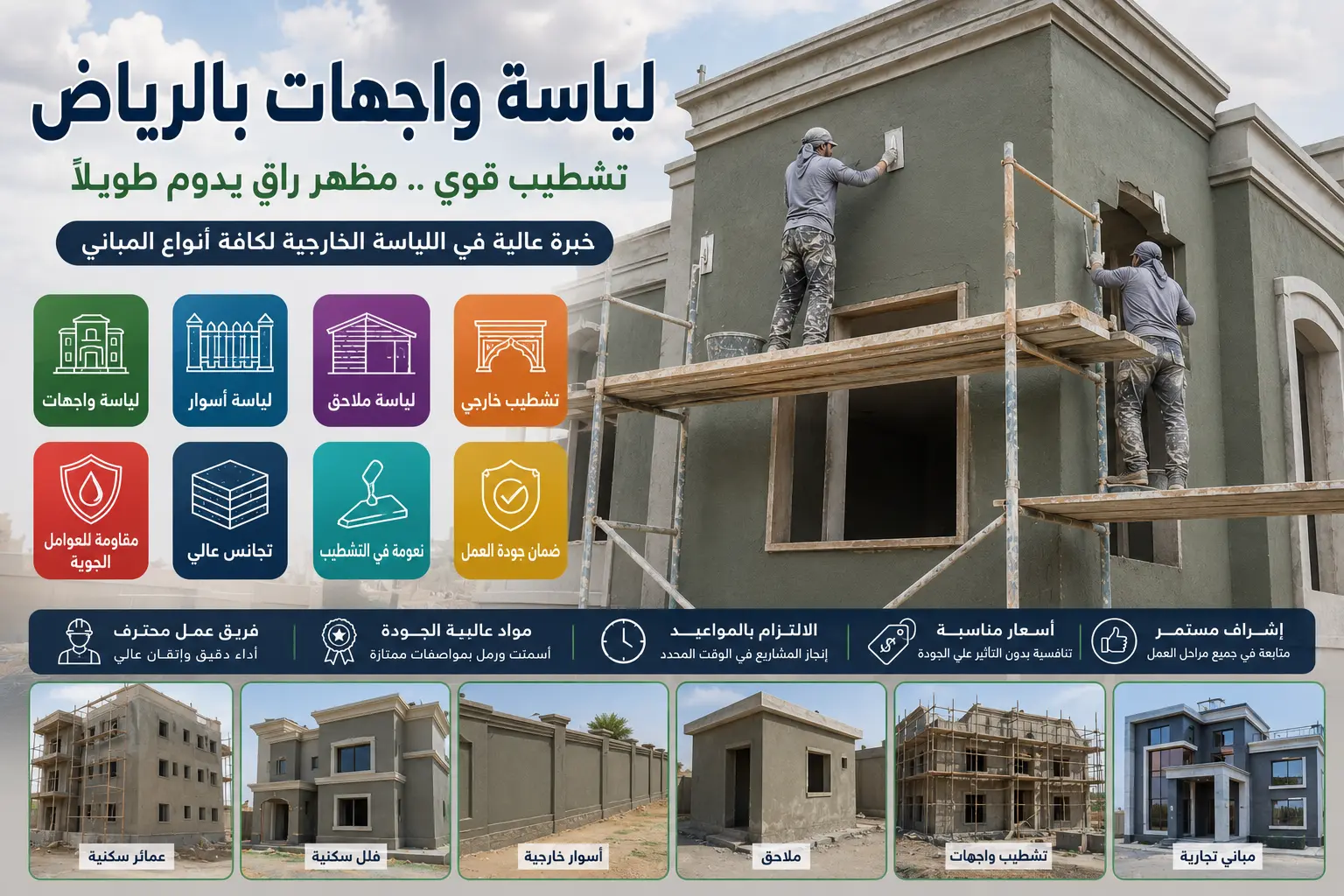 تنفيذ لياسة واجهة فيلا بالرياض باستخدام أدوات اللياسة الاحترافية مع تشطيب خارجي عالي الجودة