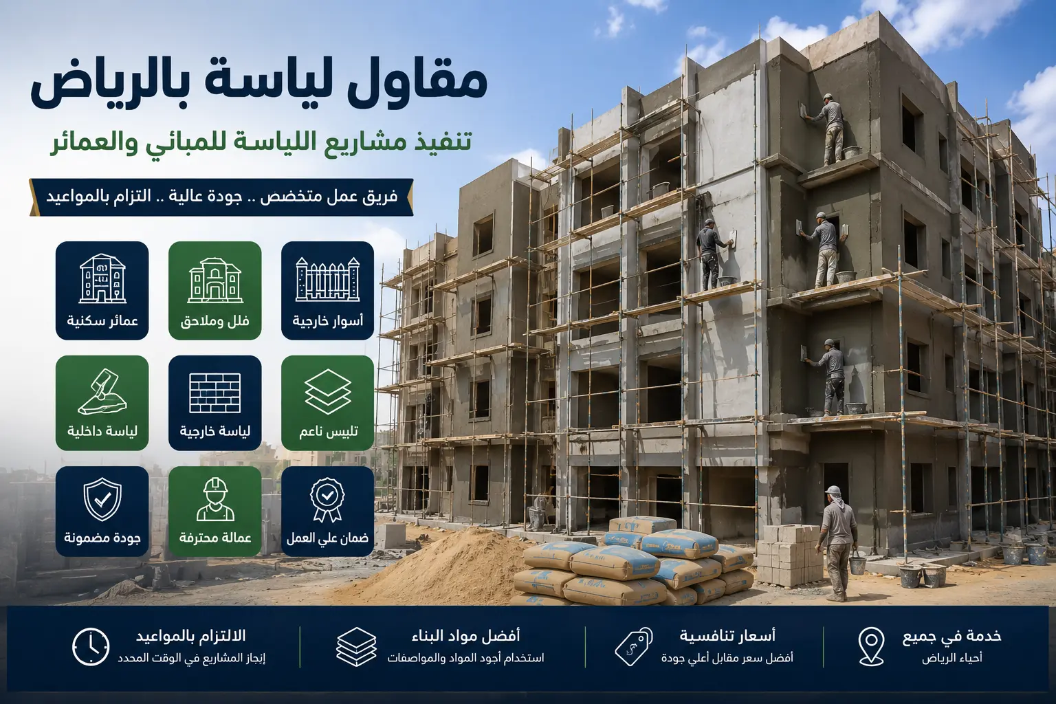 عمال يقومون بتنفيذ أعمال اللياسة الخارجية على عمارة سكنية متعددة الأدوار في الرياض باستخدام السقالات وأدوات التلييس الاحترافية