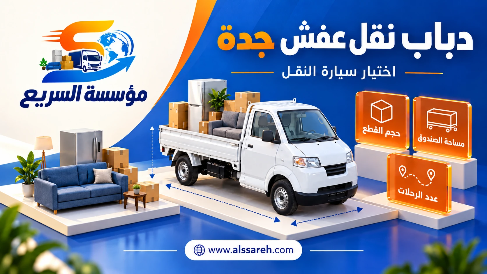 رسم توضيحي لاختيار حجم دباب نقل العفش بحسب أبعاد القطع ومساحة الصندوق